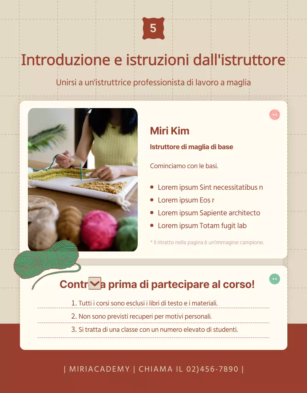 Promuovere il reclutamento per un corso di maglia in beige e rosso.