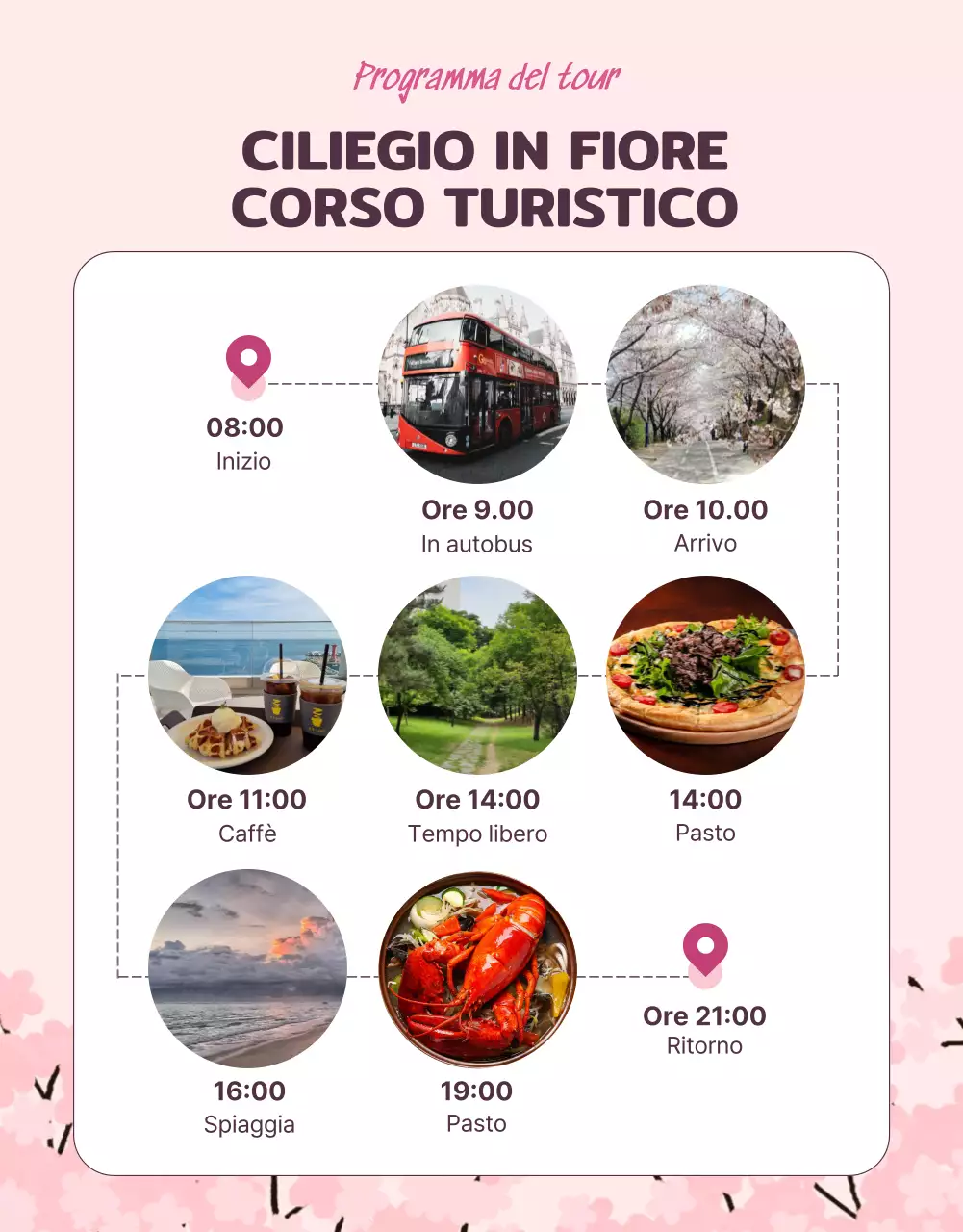 Graziose illustrazioni di fiori di ciliegio in rosa pastello per promuovere il viaggio