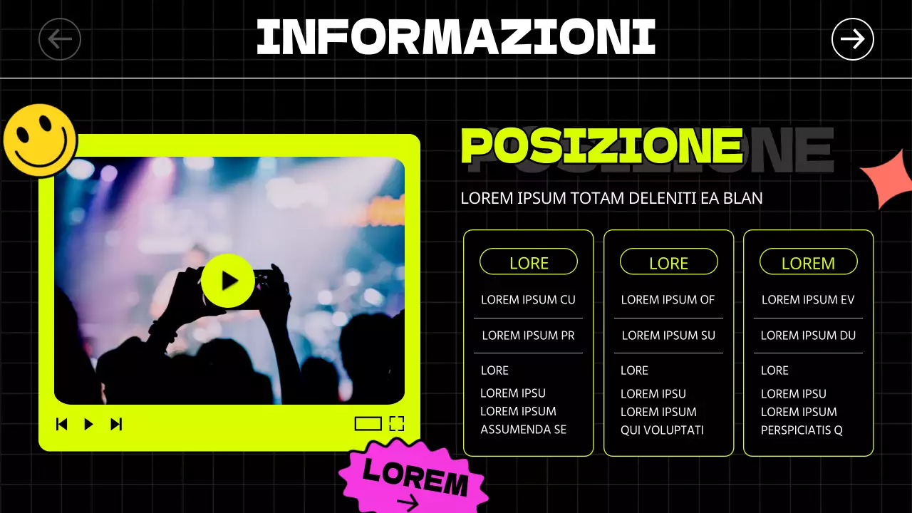 Adesivi illustrati in stile kitsch e caratteri audaci in nero e colori al neon danno un'impronta ritmica alle guide ai concerti e al noleggio.