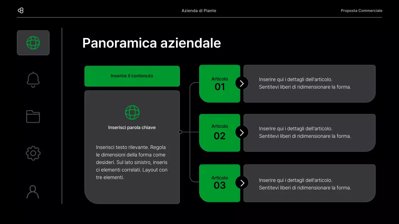 Proposta di business per un'attività commerciale con un concetto di foglia naturale nera e verde
