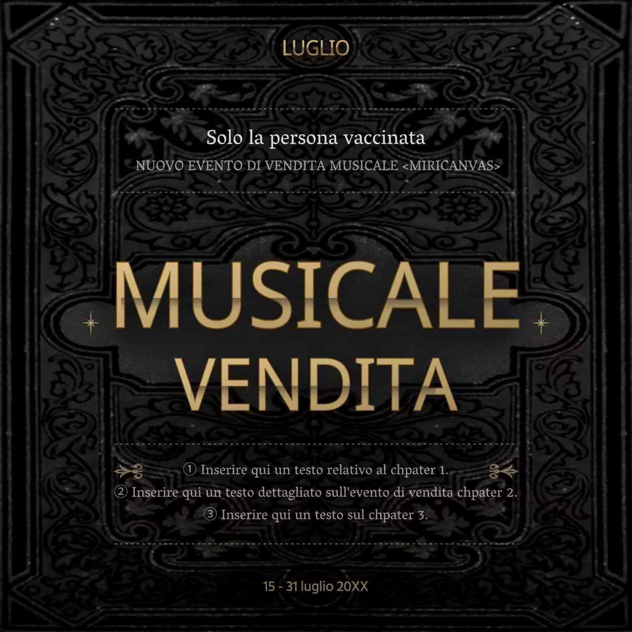 Evento di sconto musicale a tema libro classico nero e oro per i soli vaccinatori