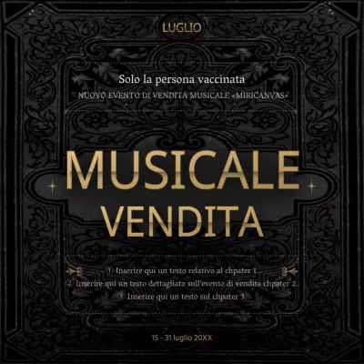 Evento di sconto musicale a tema libro classico nero e oro per i soli vaccinatori
