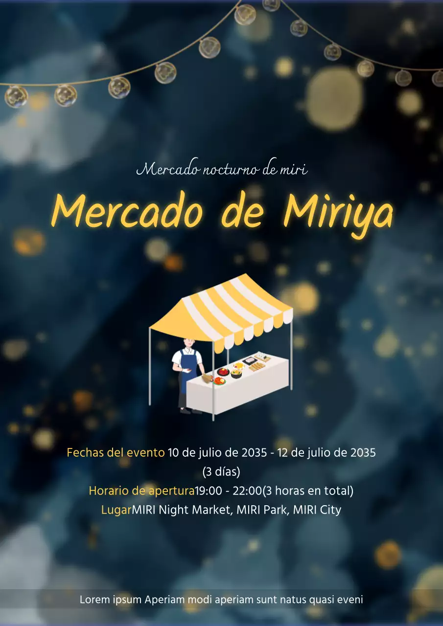 Presentación del emotivo mercado nocturno, acentuado con luces amarillas