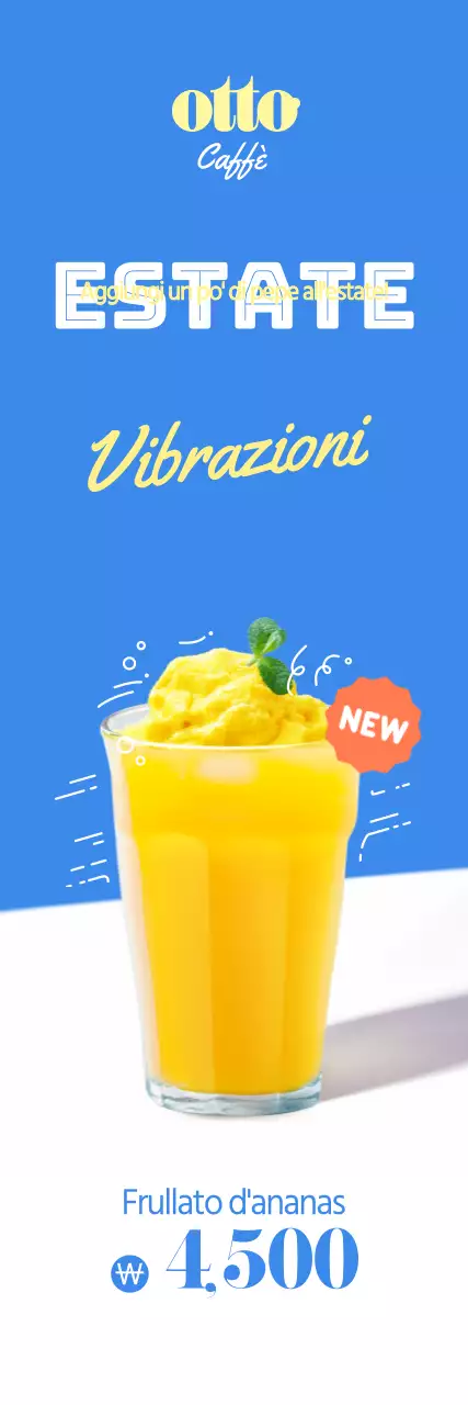 Un banner promozionale di facile lettura con testo e illustrazioni fotografiche di bevande estive per un caffè otto in colori freschi.