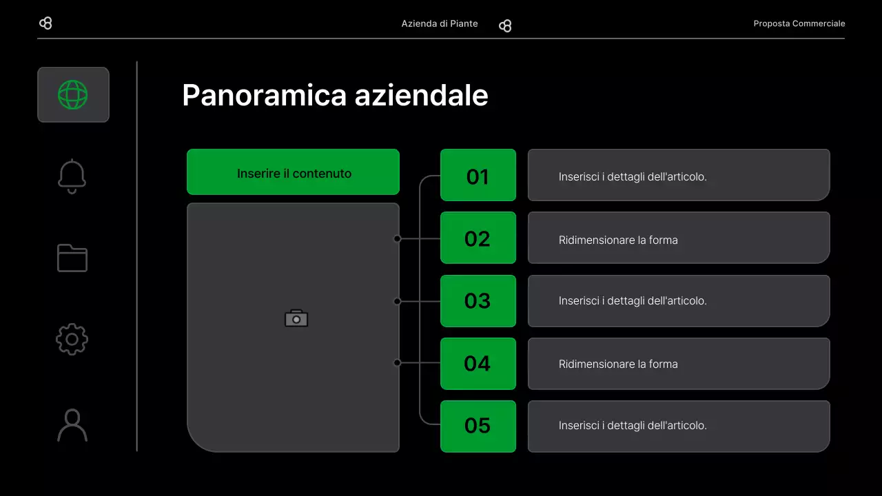 Proposta di business per un'attività commerciale con un concetto di foglia naturale nera e verde