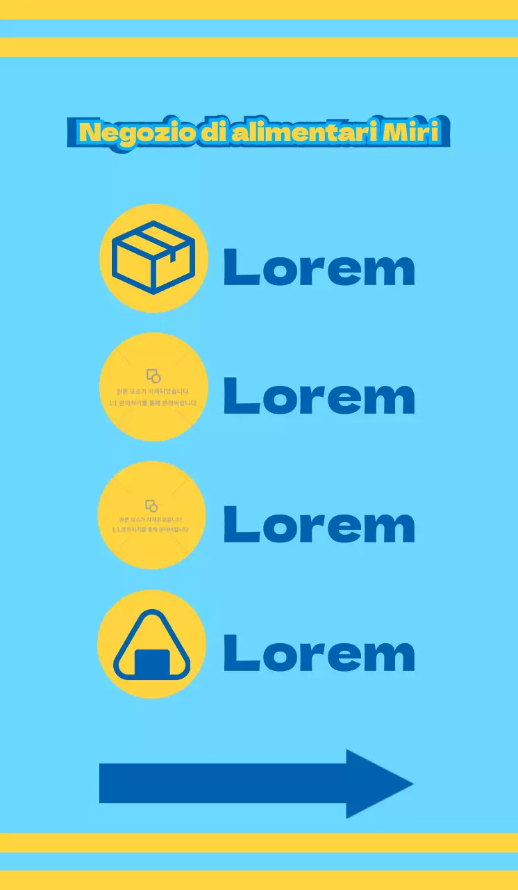 Negozio di alimentari con icone blu e gialle che promuovono vari servizi