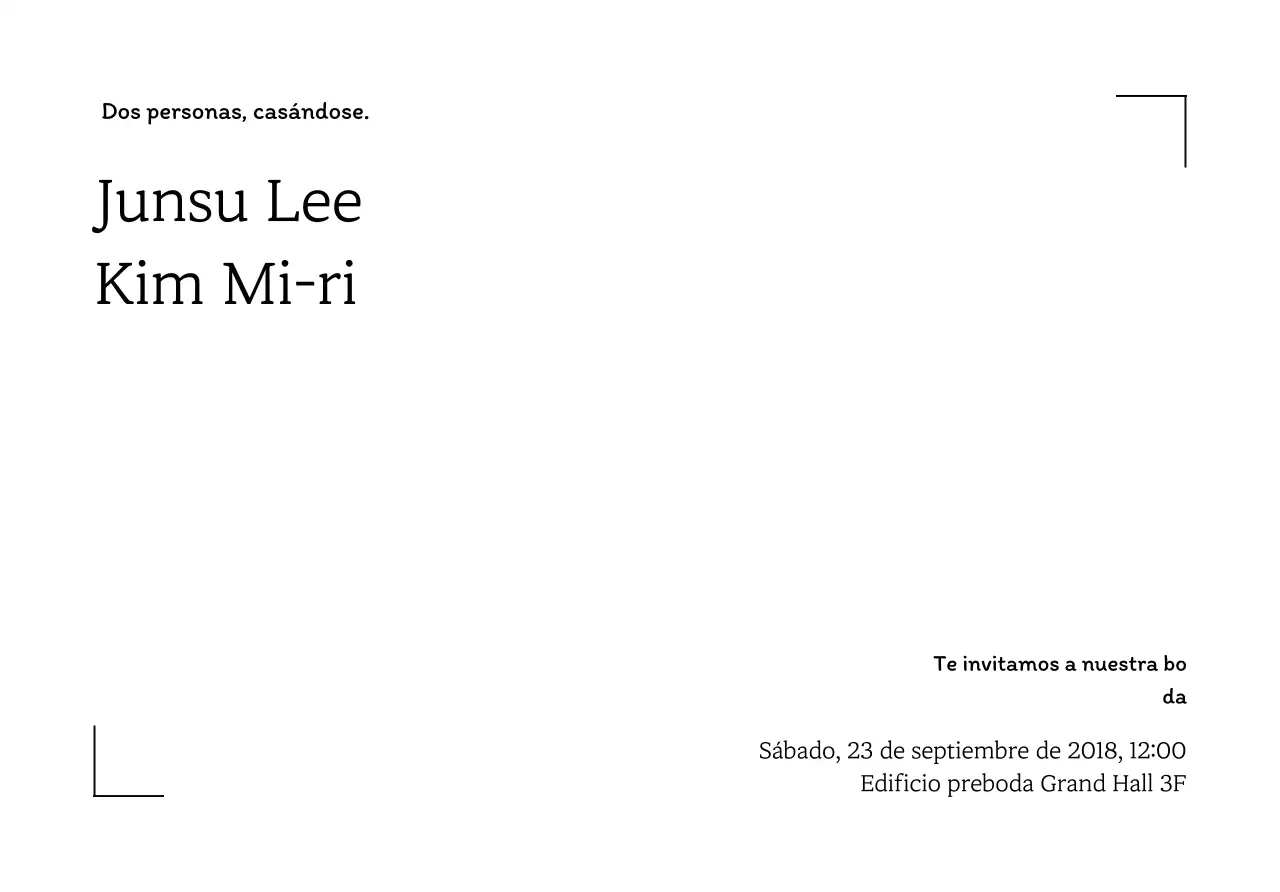 Sobre de postal de boda con marco de líneas sencillas y texto relacionado con la boda