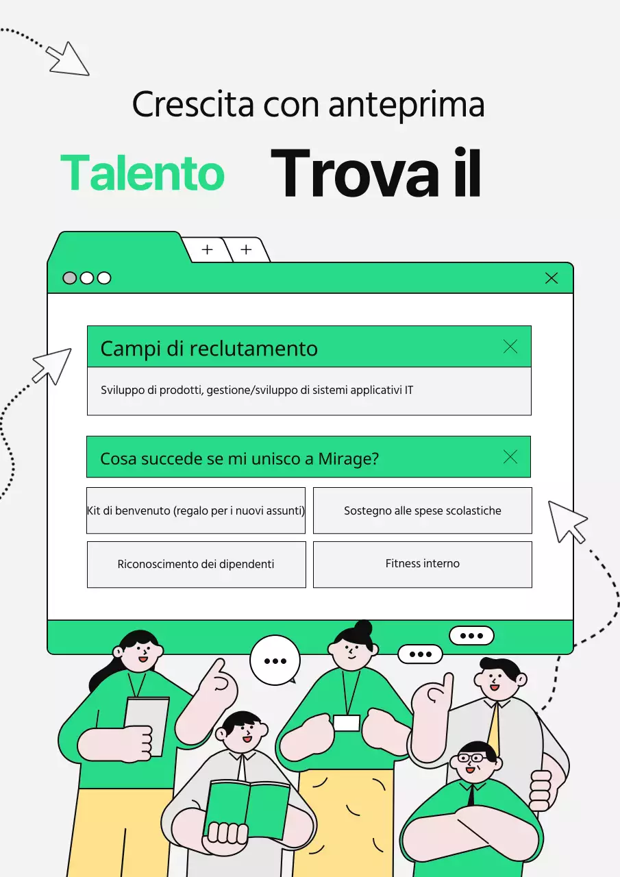 Annunci di lavoro illustrati con finestre internet di colore verde lime.