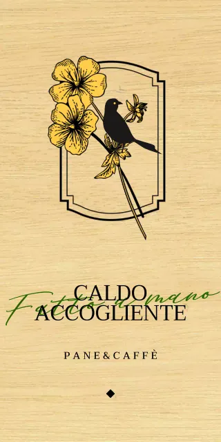 Design emozionale di un caffè-panetteria con illustrazioni di fiori e uccelli in nero e giallo