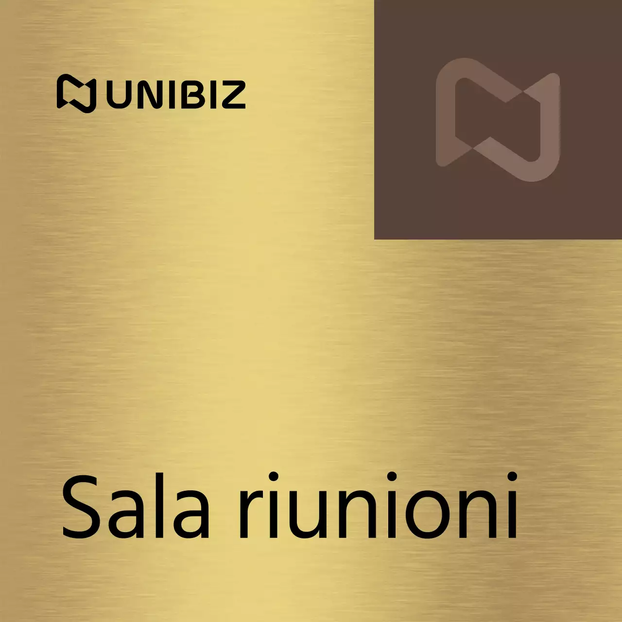 Un semplice cartello segnaposto con nomi di dipartimenti aziendali e forme quadrate in marrone e nero.