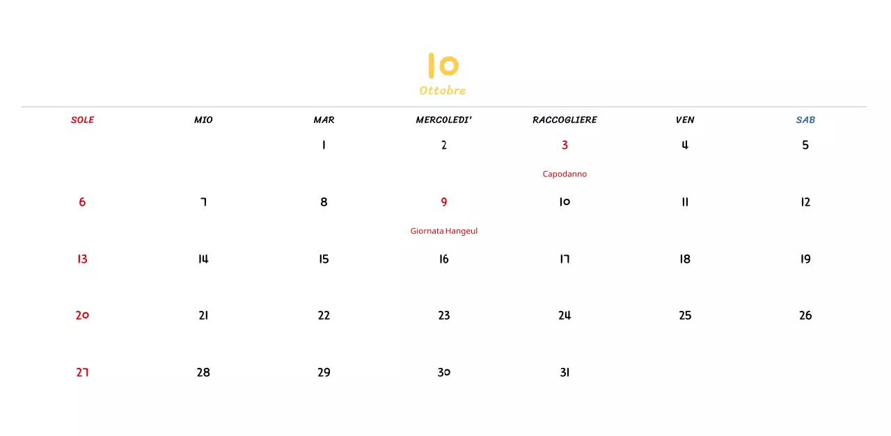 Calendario di Capodanno con simpatiche illustrazioni al tratto