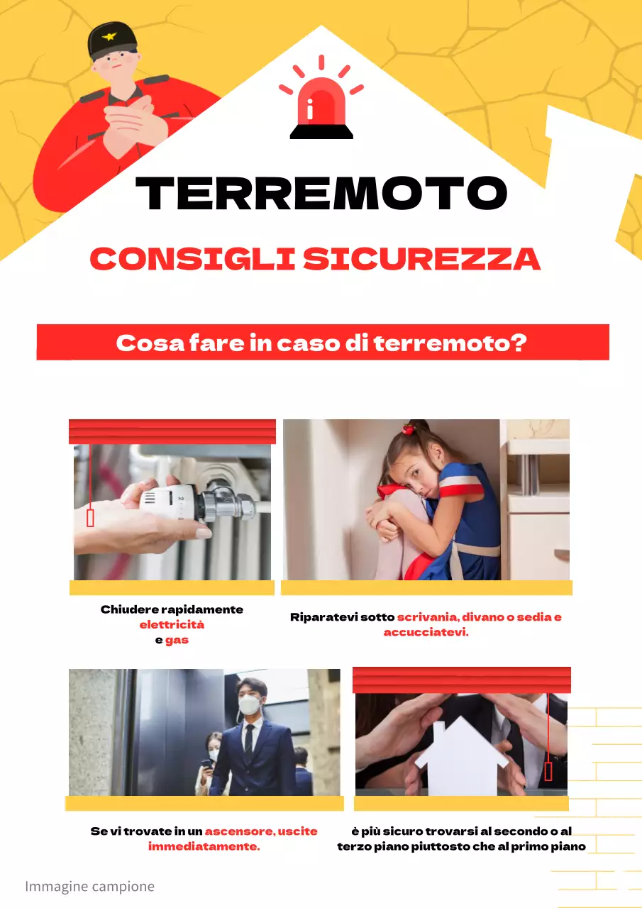 Manuale di evacuazione per i terremoti con illustrazioni gialle e rosse dei vigili del fuoco