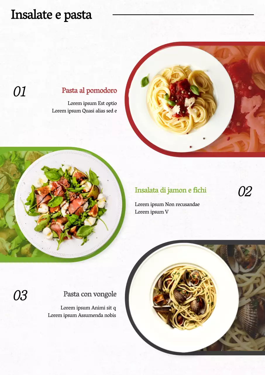 Cartellone del menu in rosso, verde e grigio per presentare le insalate e la pasta.