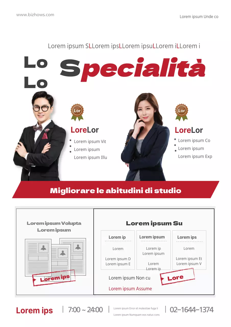 Promuovere un'agenzia di ammissione con foto rosse e grigie di studenti che studiano