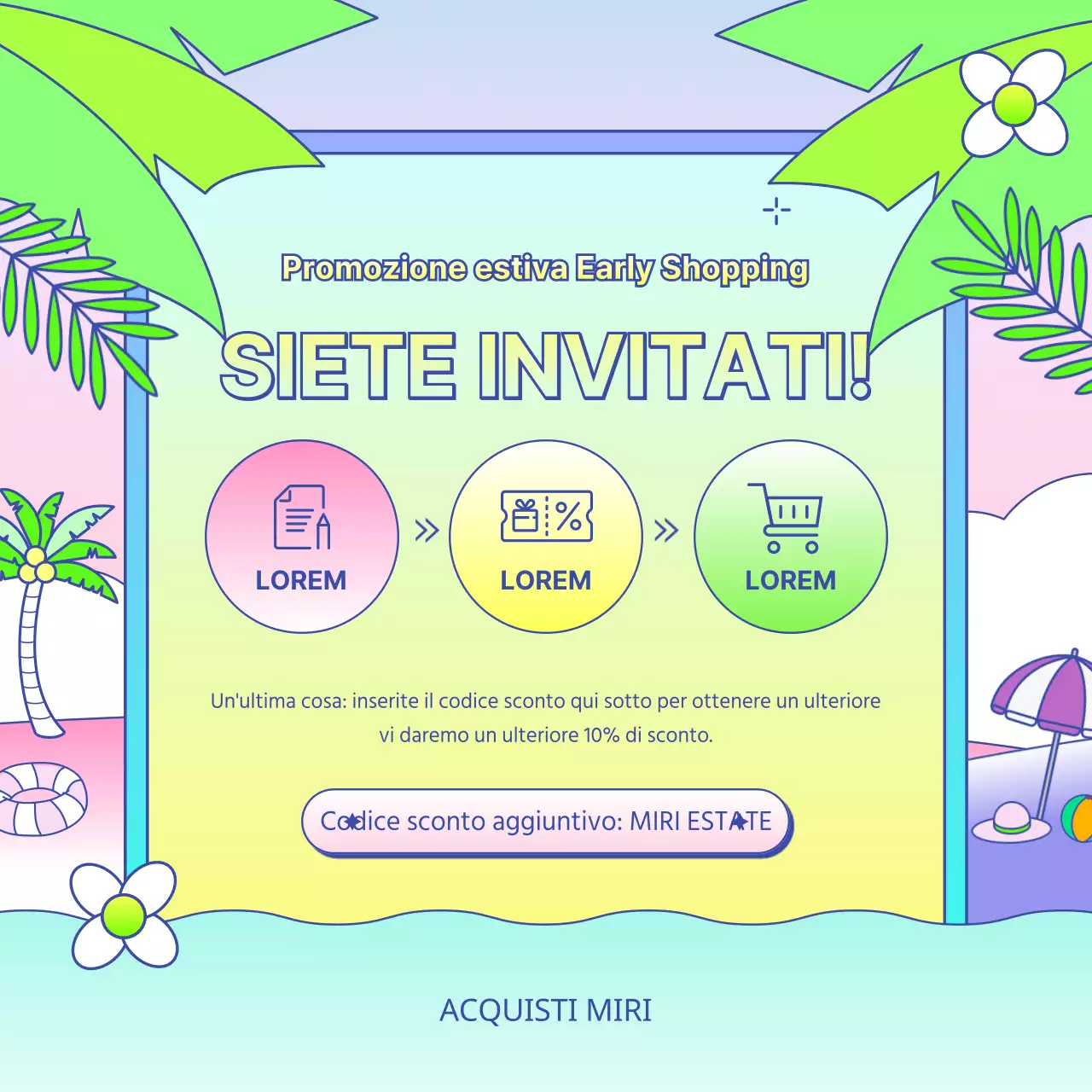 Annuncio di promozione estiva del centro commerciale in giallo tropicale e blu chiaro