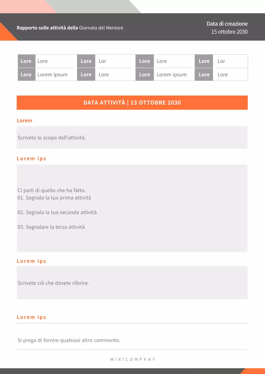 Rapporto sull'attività di mentoring in grigio e arancione