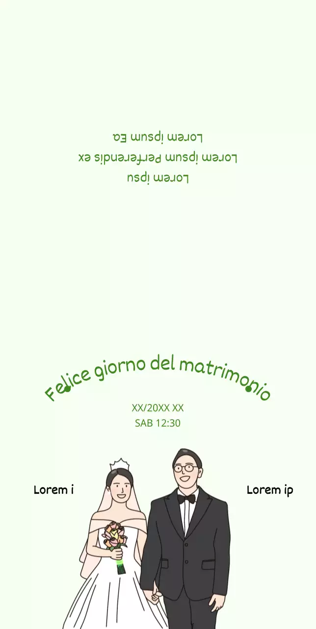 Invito di nozze degli sposi che si tengono per mano su sfondo verde chiaro