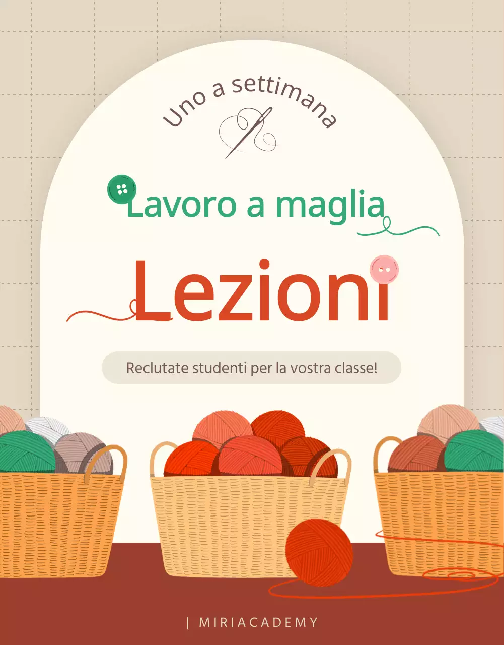 Promuovere il reclutamento per un corso di maglia in beige e rosso.