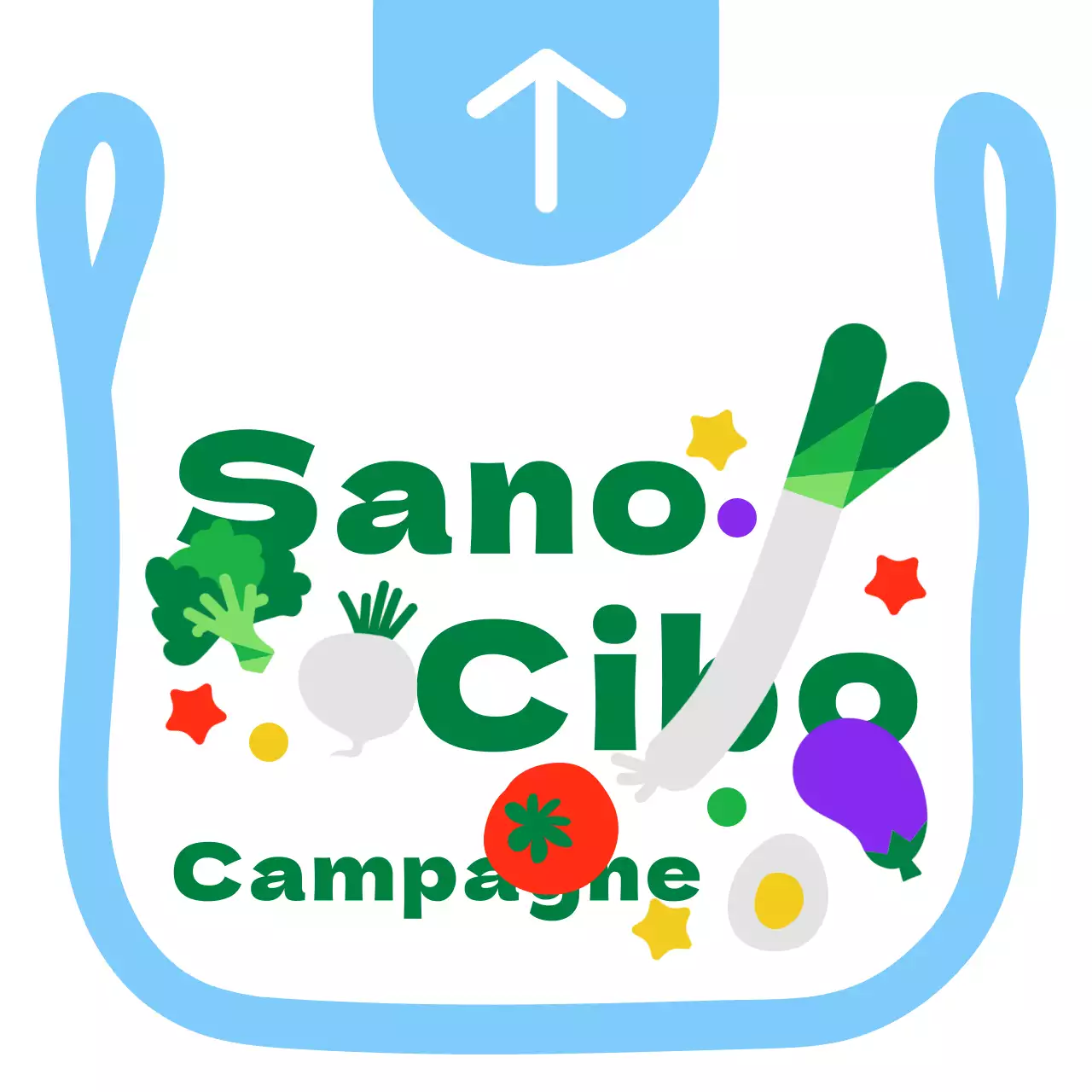 Illustrazione di sacchetti di plastica carini e ordinati, in stile cornice, con indicazioni per una campagna alimentare in azzurro e verde.