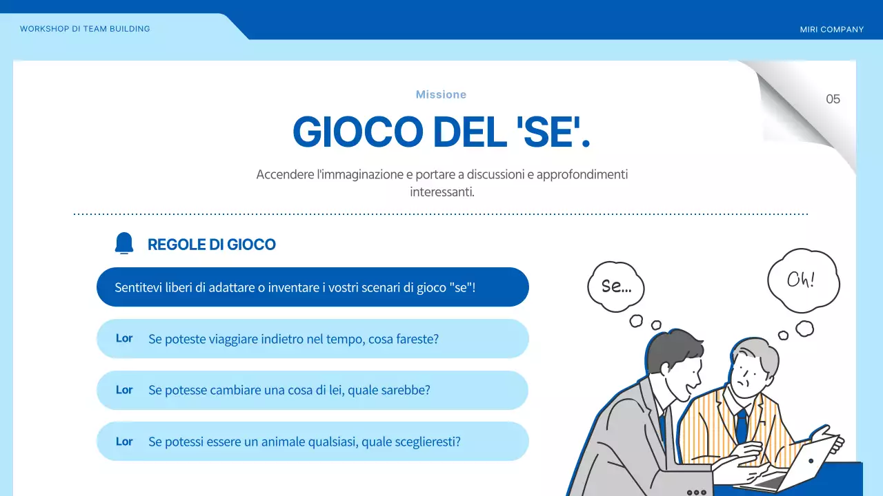 Laboratorio di team building che evidenzia le illustrazioni in blu e giallo