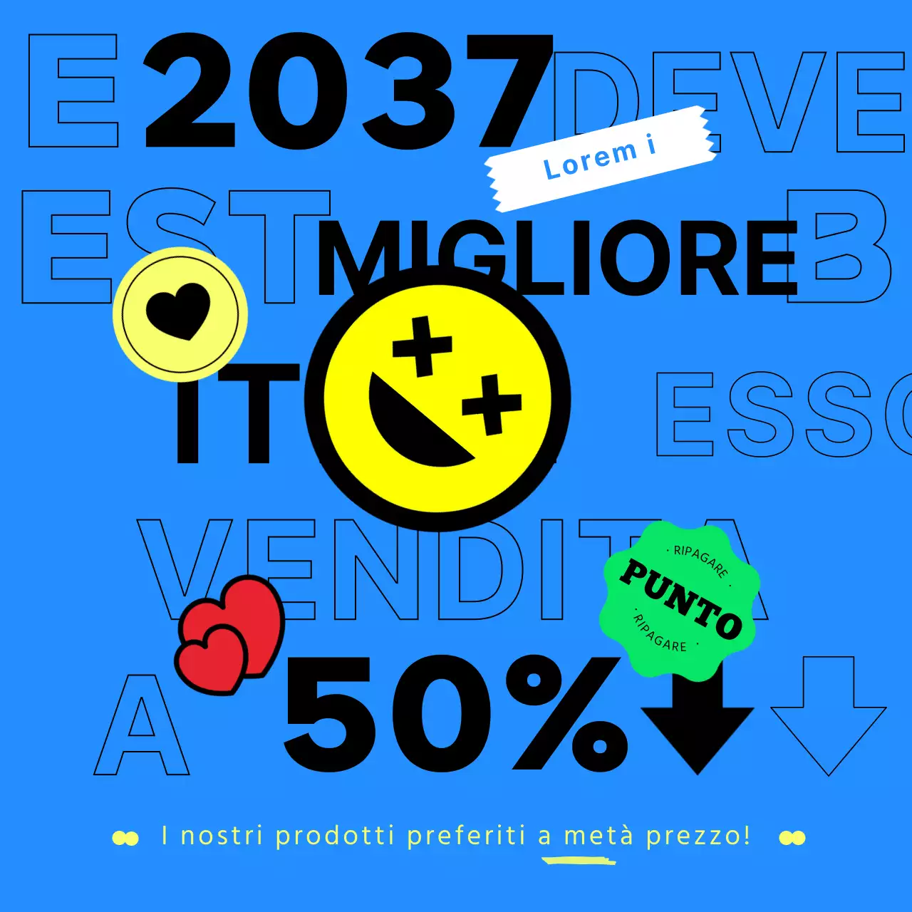 Concetto kitsch con tipografia blu e adesivi semplici e piatti per una promozione di fine anno.