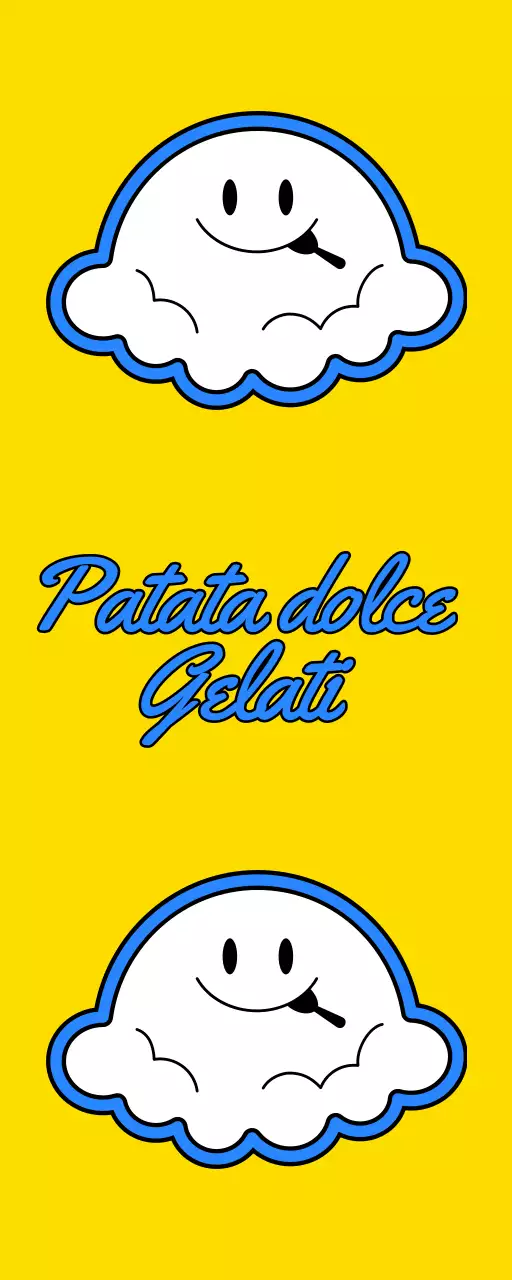 Promuovere una gelateria di concetto con un'illustrazione di un personaggio di gelato giallo e blu