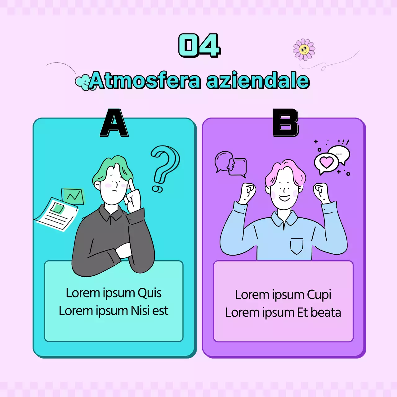 Gioco di equilibrio per impiegati di colore menta, viola e rosa CardNews