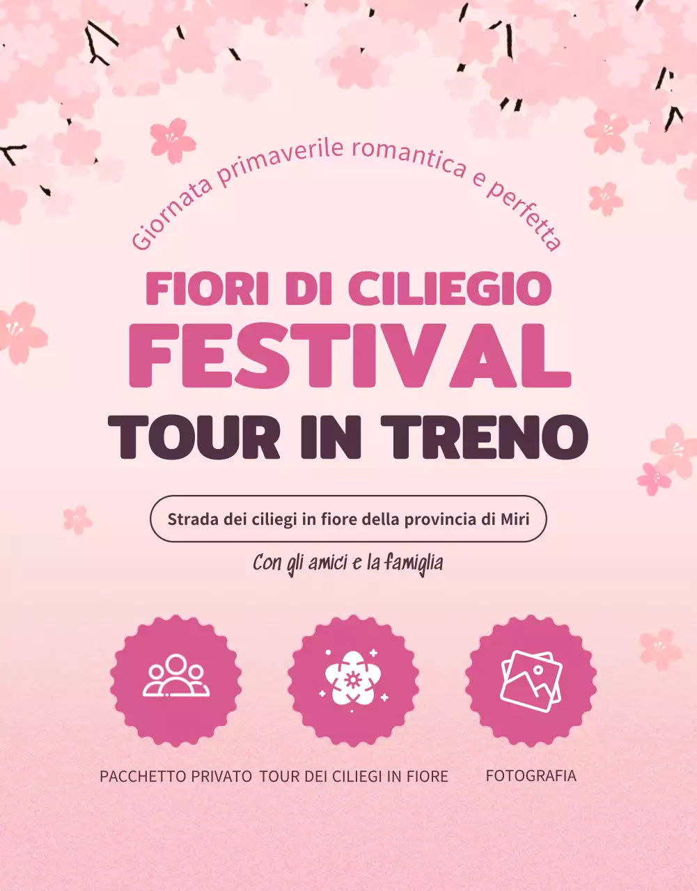 Graziose illustrazioni di fiori di ciliegio in rosa pastello per promuovere il viaggio