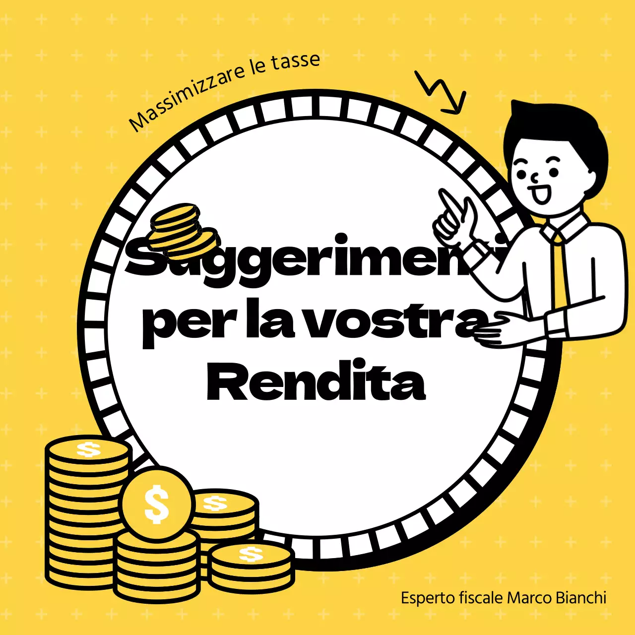 Illustrazioni chiare e gialle evidenziano i consigli di risparmio fiscale per i pensionati