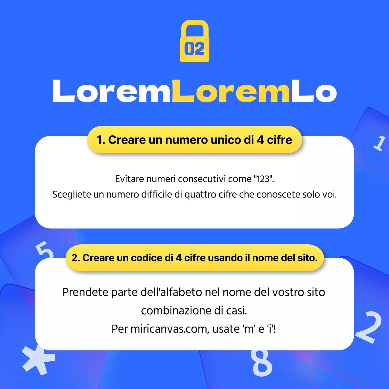 Informazioni ordinate sulla combinazione di password blu e gialla