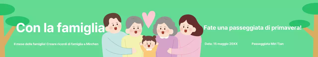 Passeggiata evento con illustrazione di una famiglia in un parco chartreuse sfondo