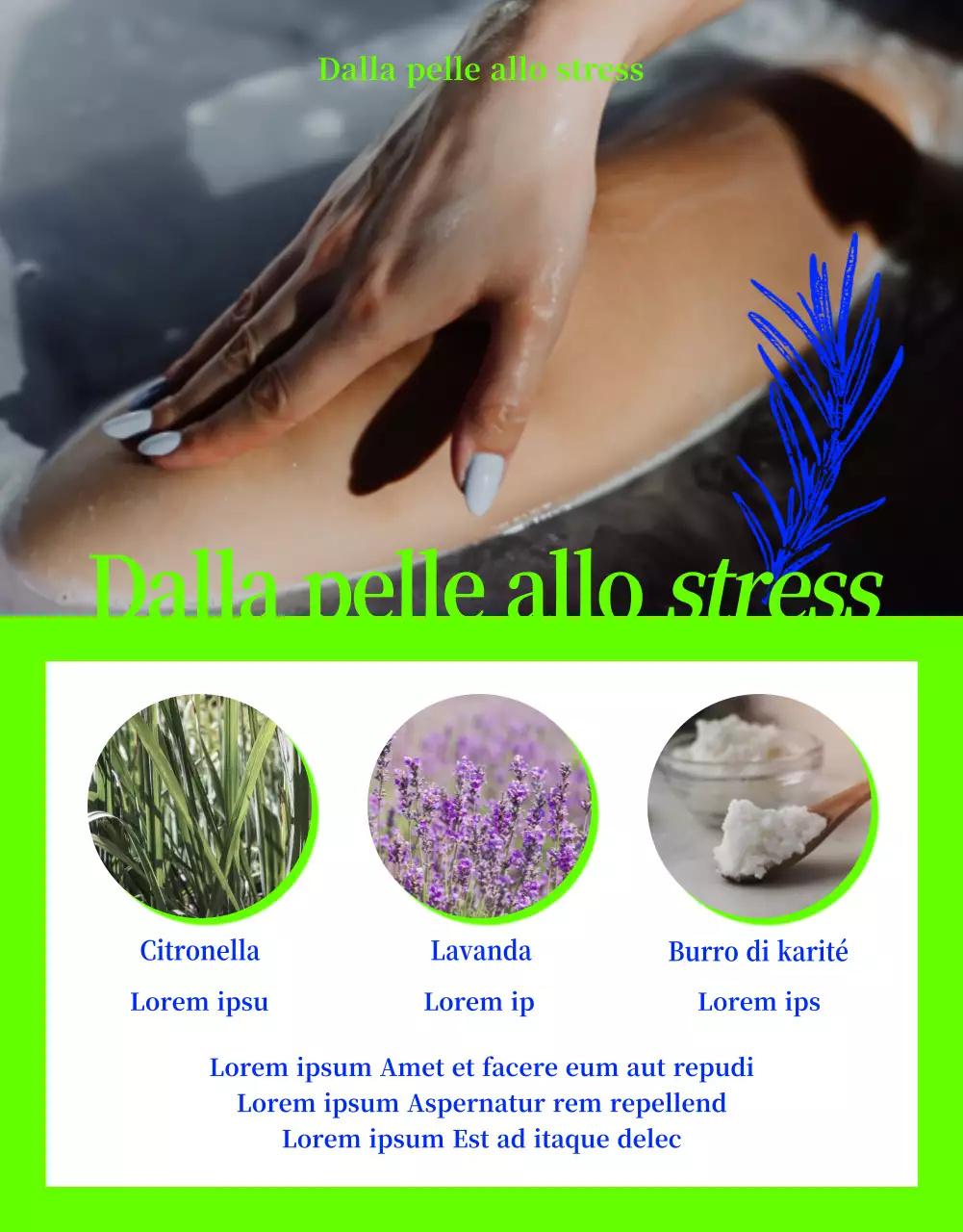 Bagnoschiuma pre-naturale con disegno a linee di erbe in verde e blu neon