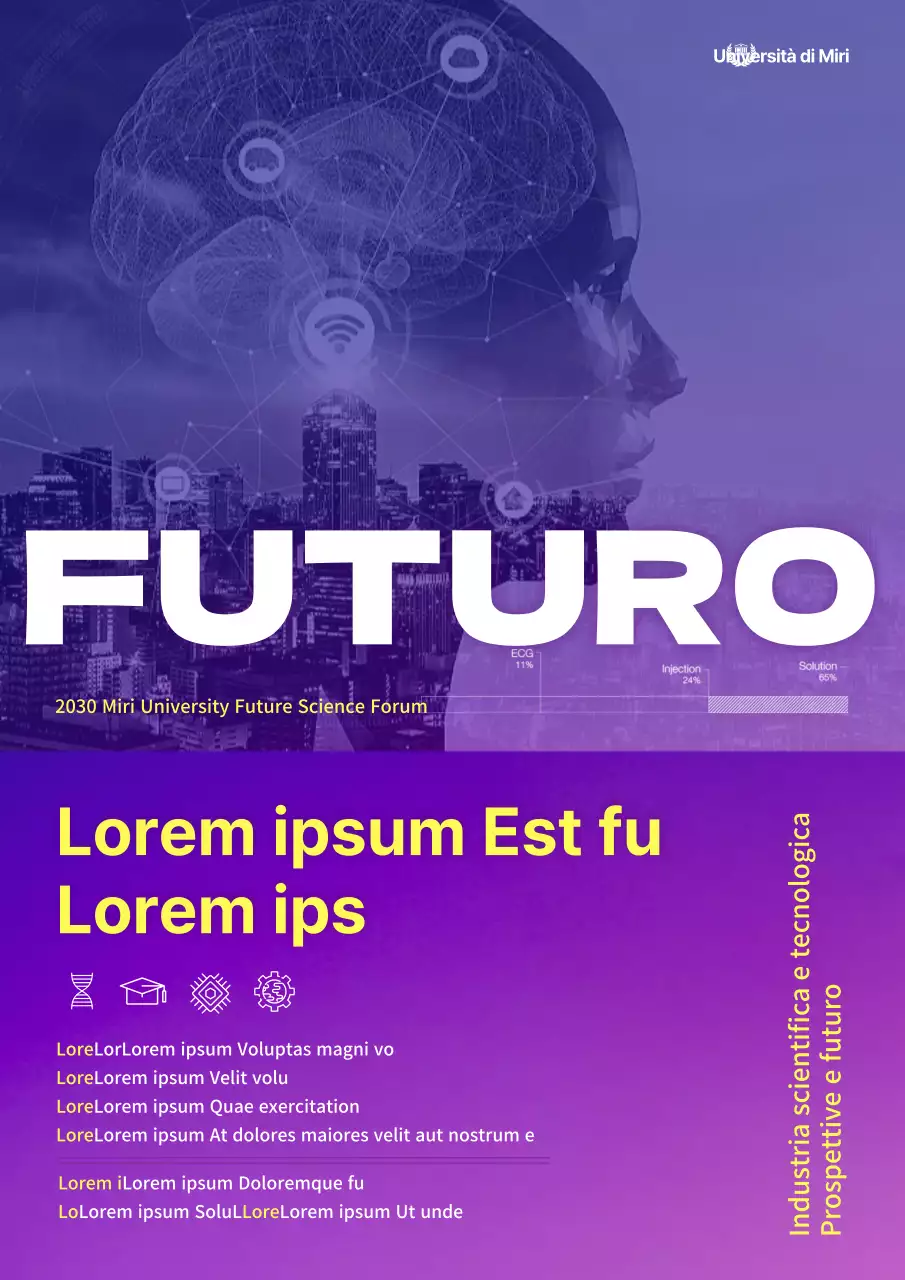 Un semplice webposter viola e giallo per un forum sulle prospettive e il futuro delle industrie scientifiche e tecnologiche.
