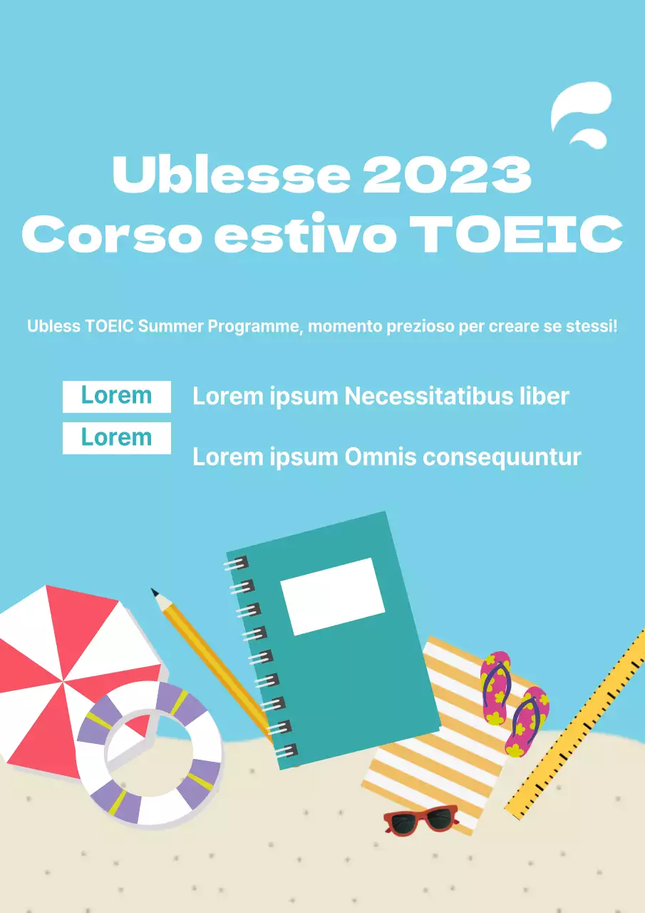 Promozione del corso TOEIC estivo con una spiaggia azzurra e varie illustrazioni di oggetti di scena