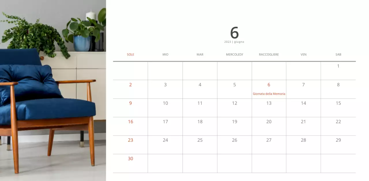 Calendario di interior design in stile bianco e pulito