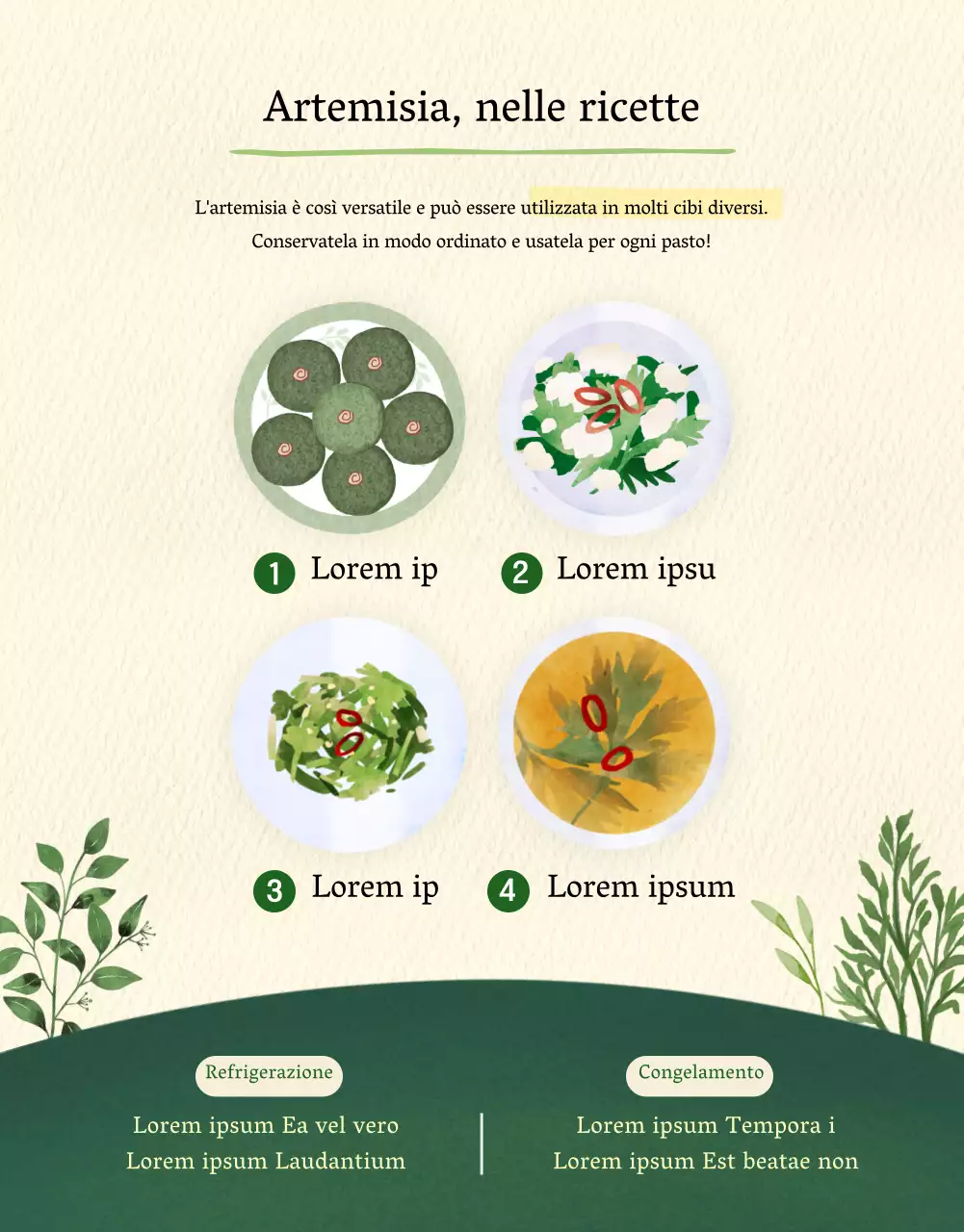 Marketing promozionale dell'artemisia con illustrazioni ad acquerello su sfondo verde e beige