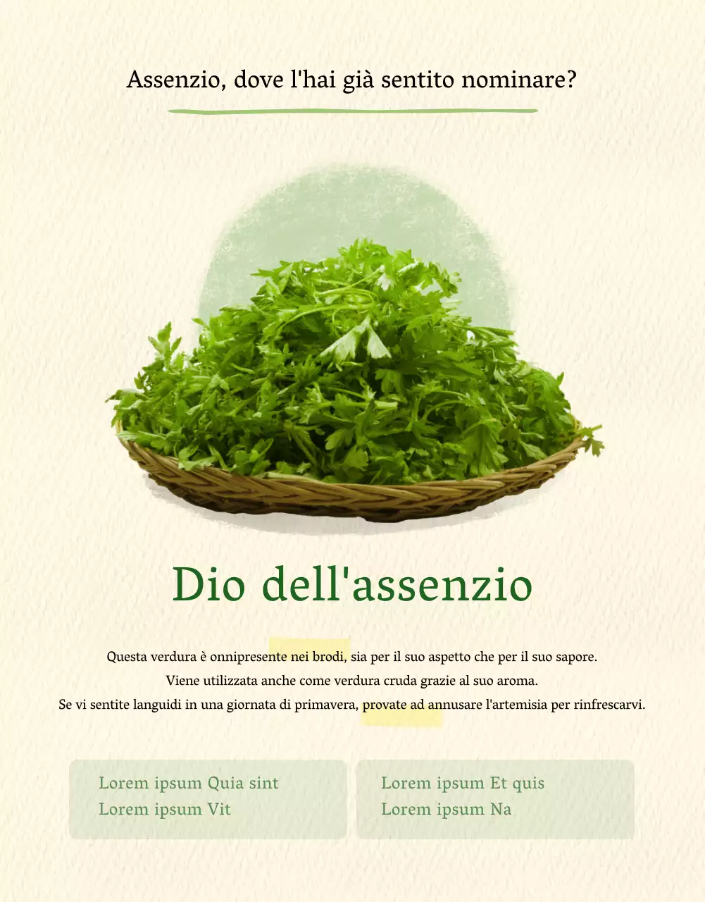 Marketing promozionale dell'artemisia con illustrazioni ad acquerello su sfondo verde e beige