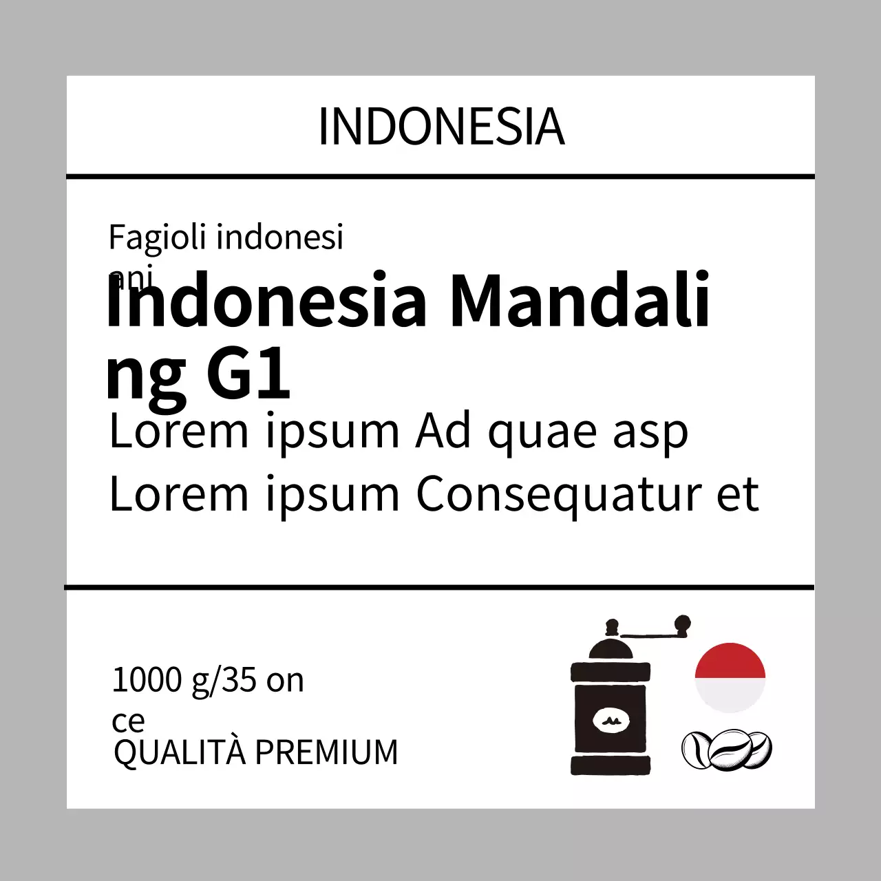 Etichetta pulita di chicchi di caffè con illustrazione grigia