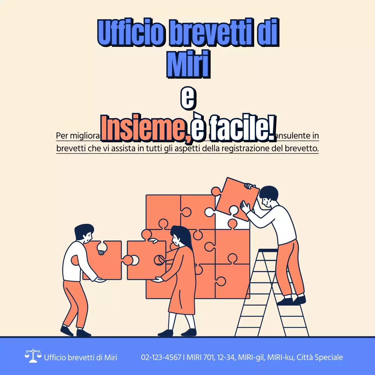 Scheda informativa sulla domanda di brevetto in beige, blu e arancione Novità