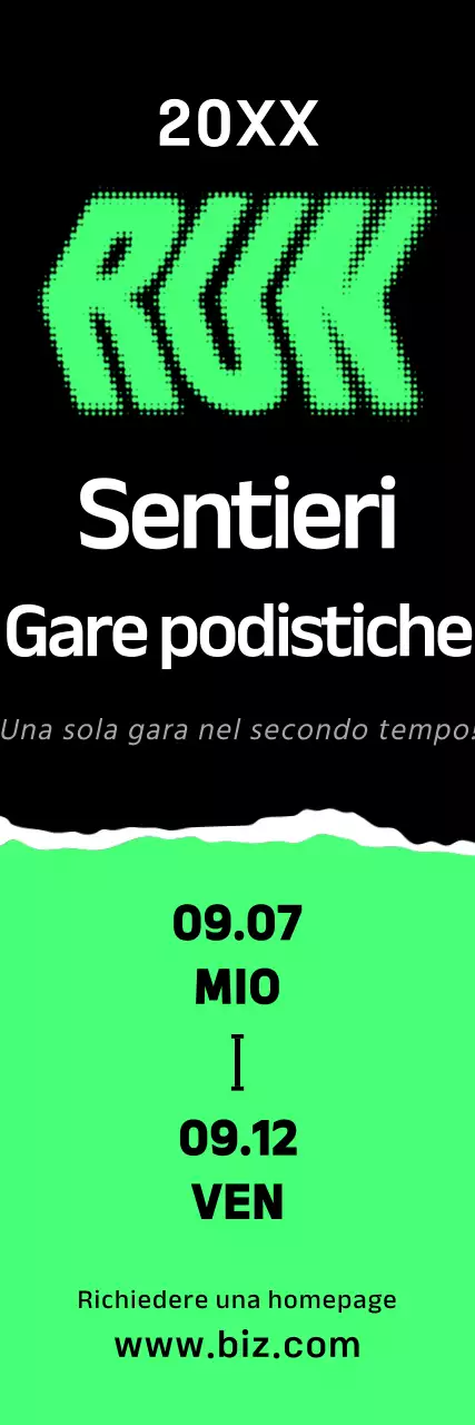 Un audace striscione promozionale della maratona con testi e illustrazioni in verde brillante, bianco e nero sulla gara.