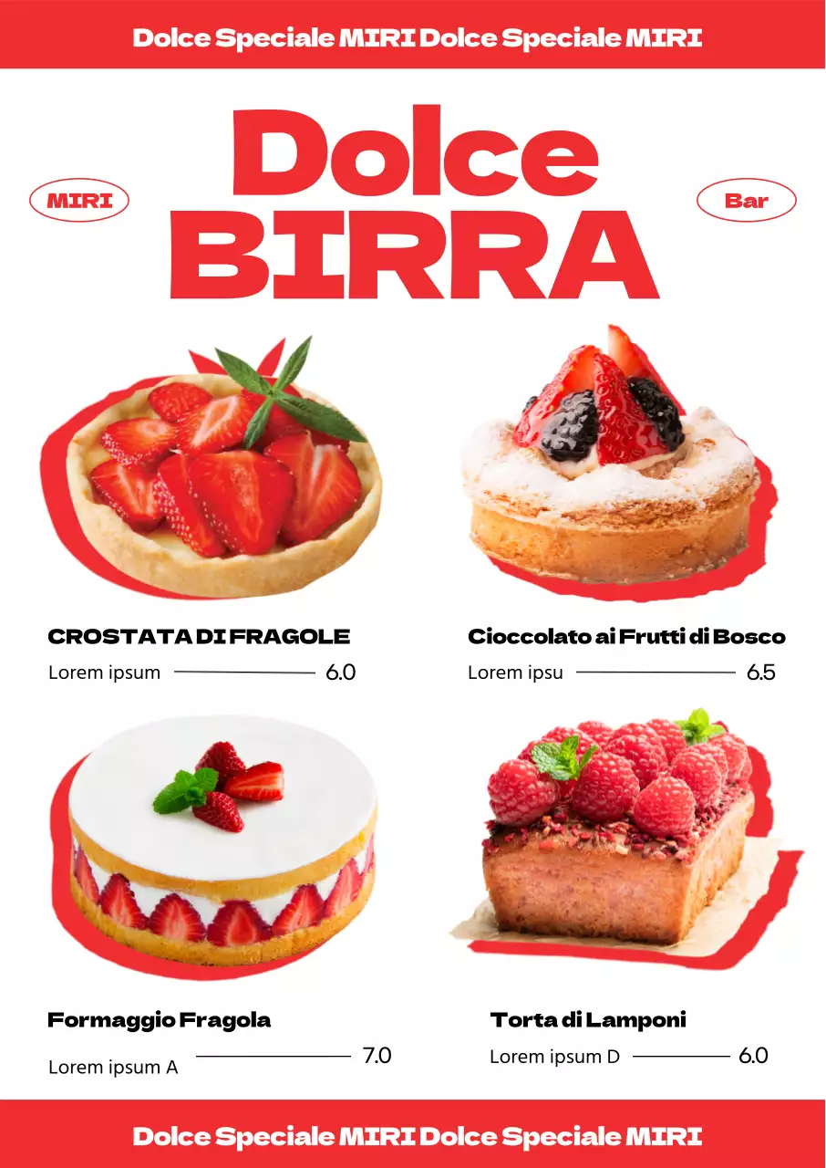 Menù di dessert di tendenza con un rinfrescante accento di colore rosso e foto di dessert alla fragola