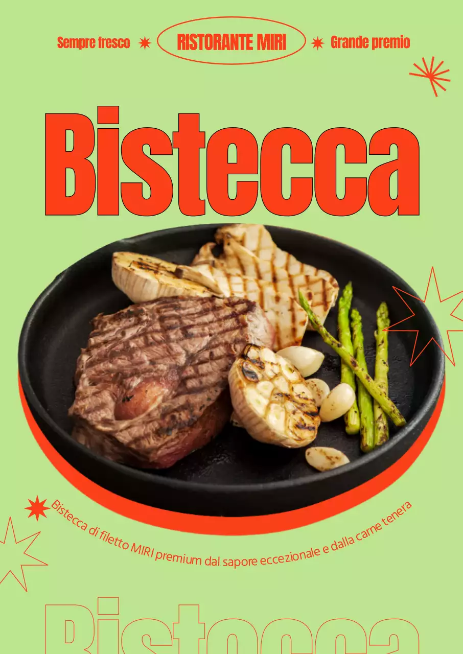 Un menu occidentale a base di bistecche con un layout di caratteri audaci e contrasti di colori e forme complementari.