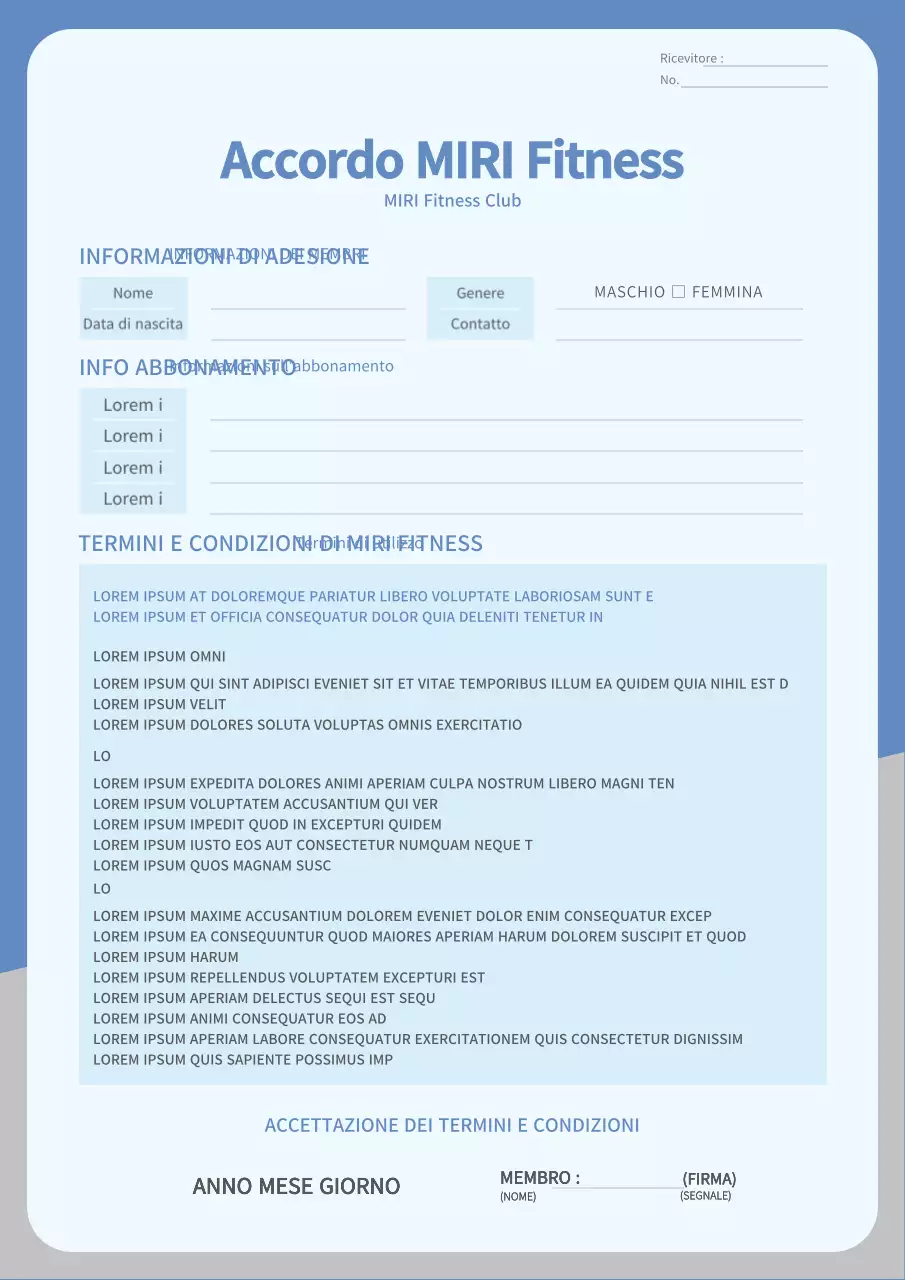Modello di contratto fitness aziendale pulito in blu e grigio