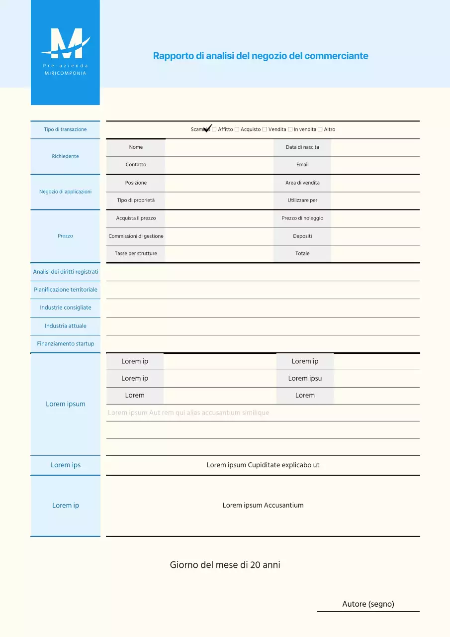Modello di rapporto di analisi del negozio blu e burocratico