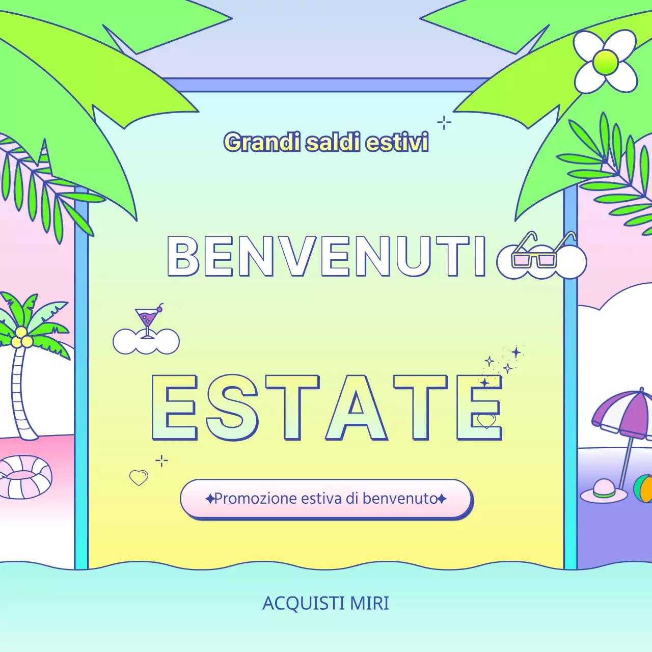 Annuncio di promozione estiva del centro commerciale in giallo tropicale e blu chiaro
