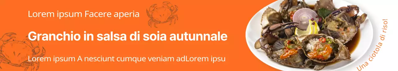 Ristorazione stagionale autunnale ordinatamente presentata con sfondi arancioni vivaci e foto di torte di granchio