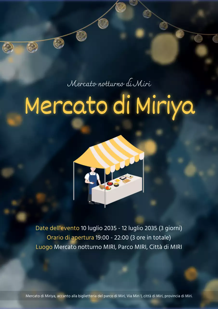 Presentazione dell'evento emozionale del mercato notturno, caratterizzato da luci gialle