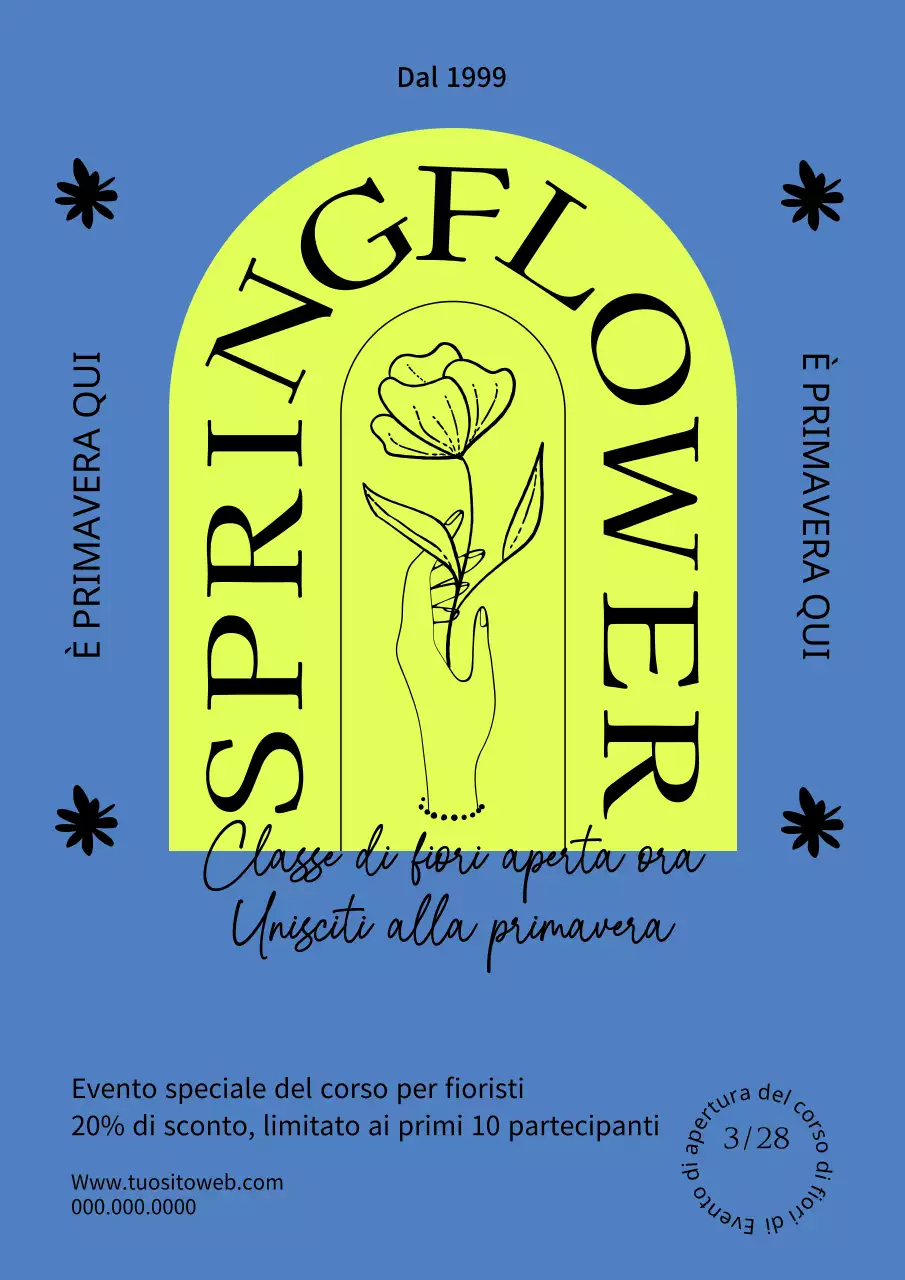 Un semplice evento di festa primaverile in blu e giallo fluorescente