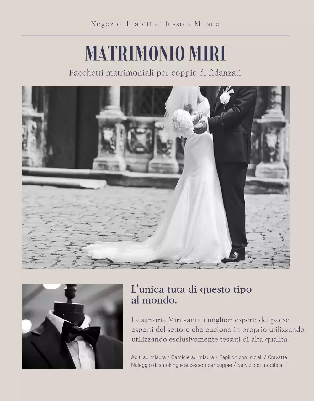 Maestri dell'abbigliamento da cerimonia navy e beige, Miri Tailor Formalwear è specializzato nella sartoria e nel noleggio di abiti Per saperne di più
