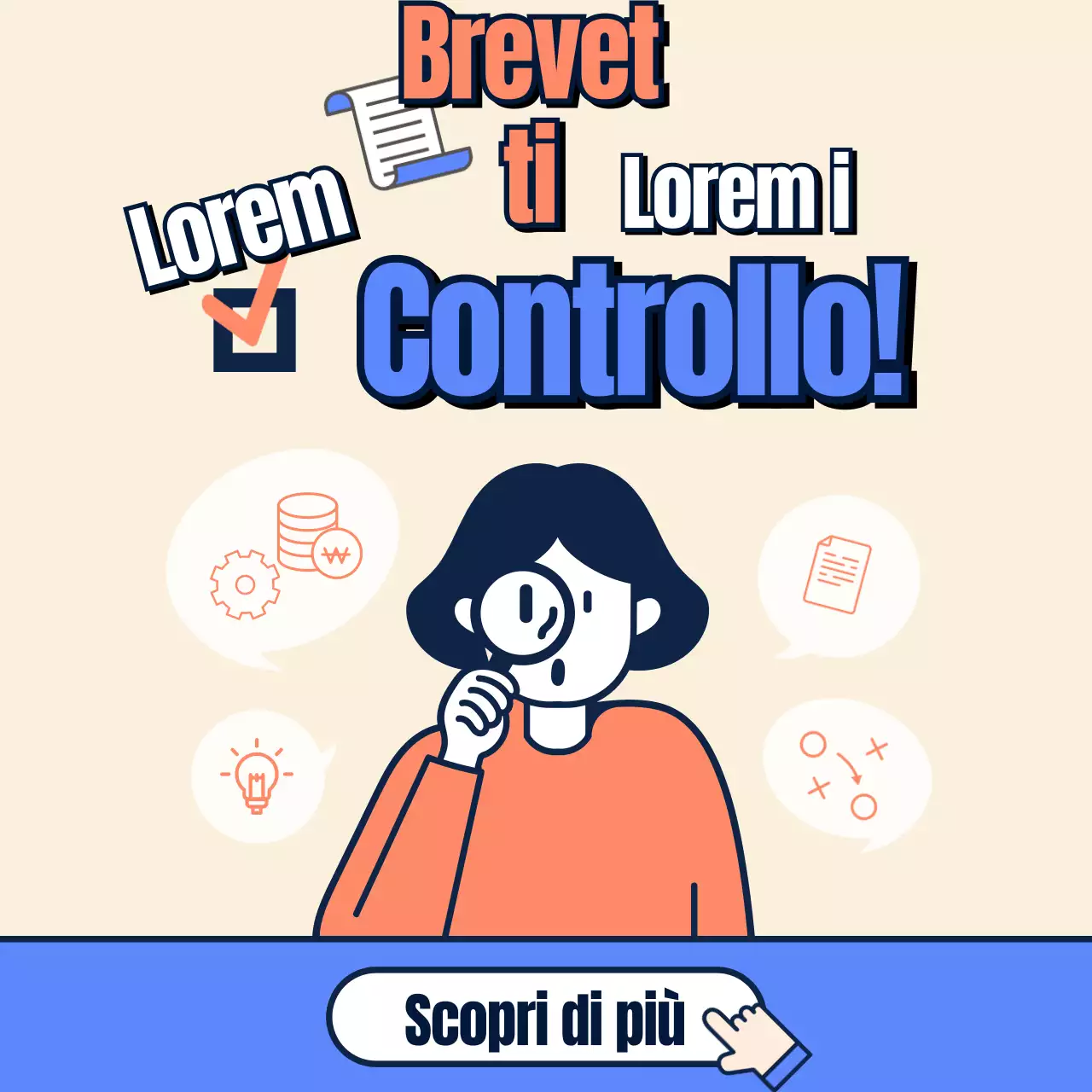 Scheda informativa sulla domanda di brevetto in beige, blu e arancione Novità
